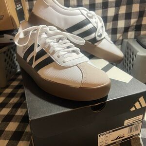 Adidas Men's White and Black Sneakers with Tan Sole